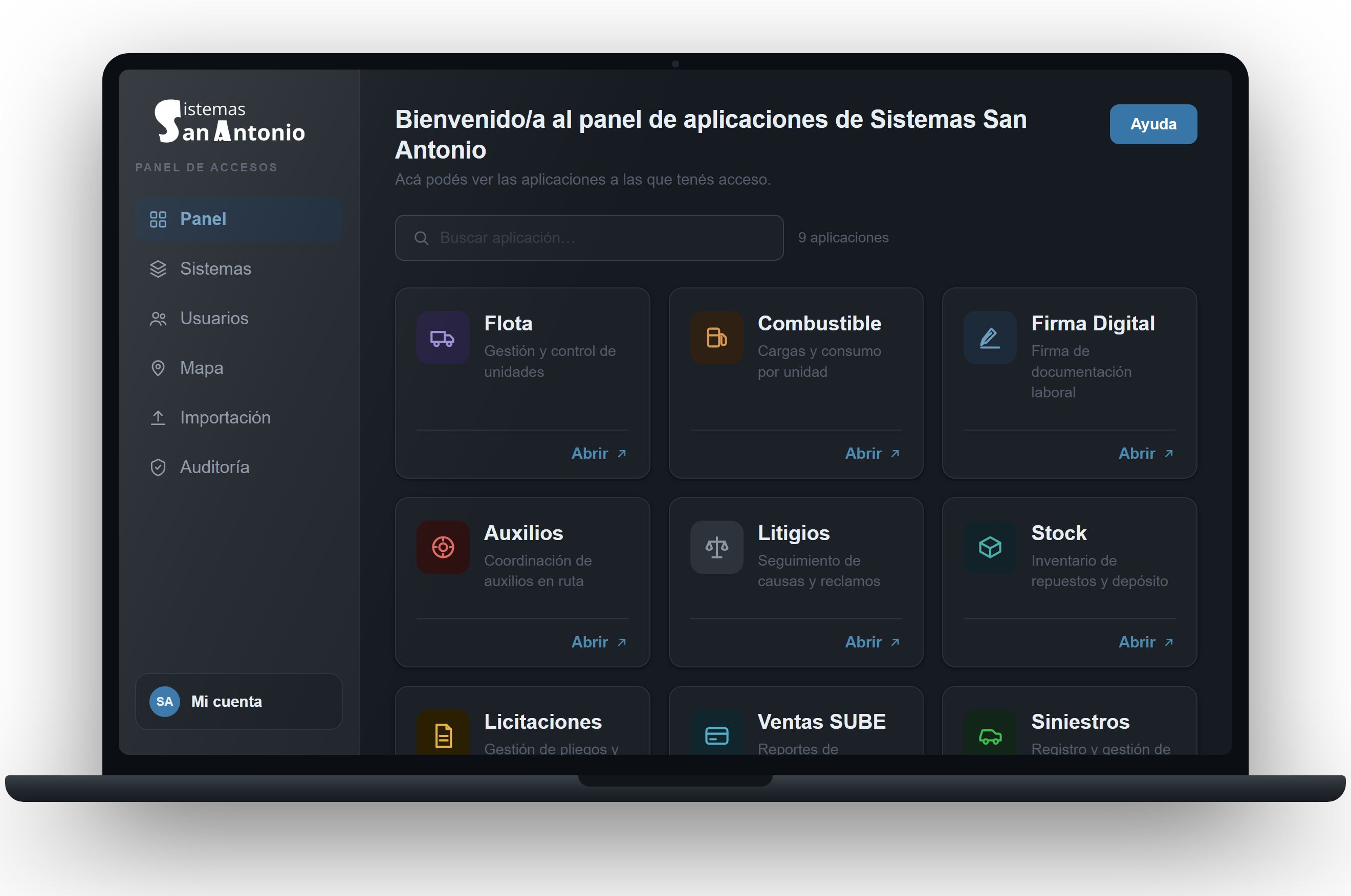 Panel de aplicaciones de Sistemas San Antonio